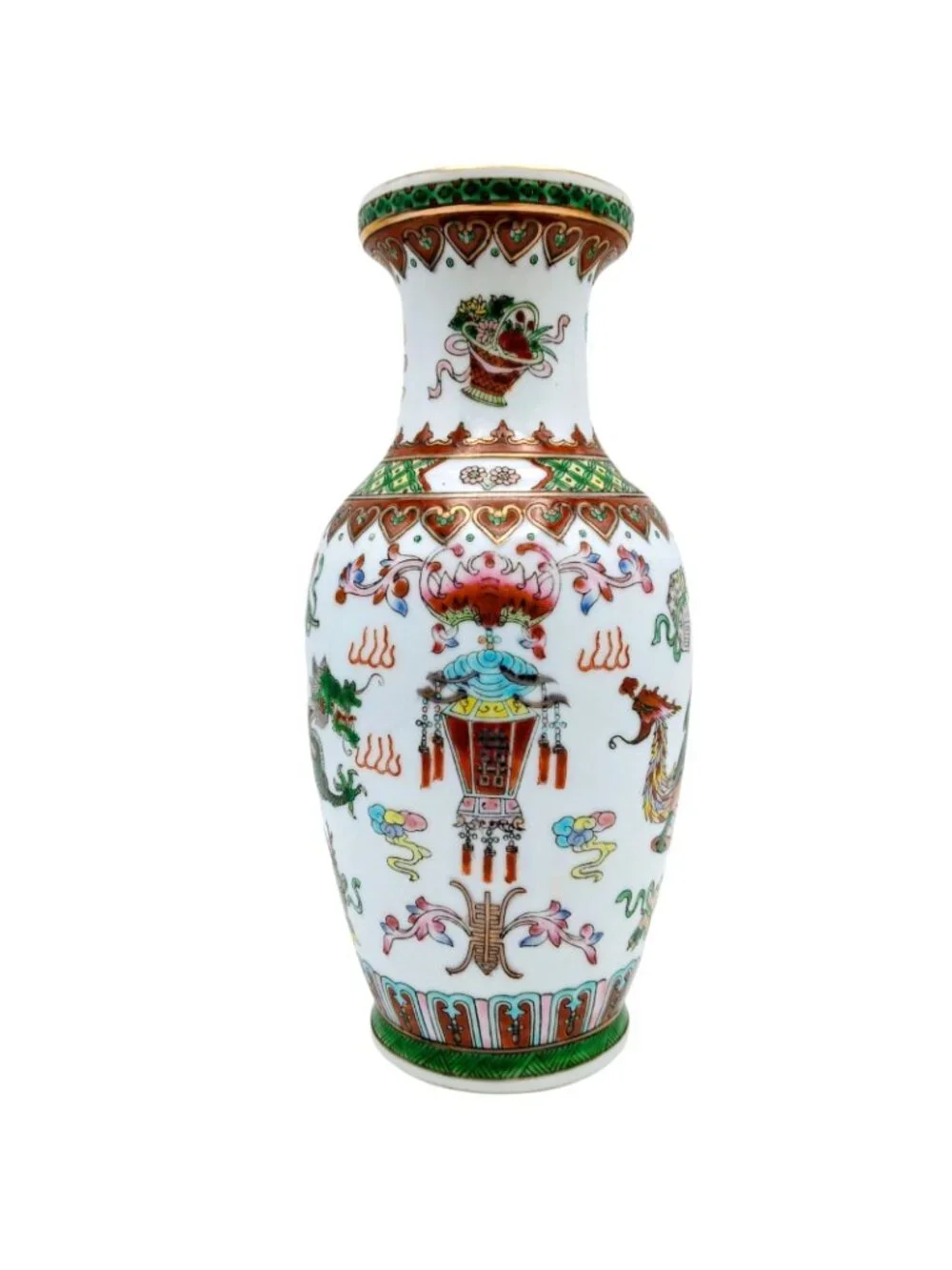 Chinese Green Dragon Vase Hand Painted Porcelain Gilt 8.5 in Qianlong mark